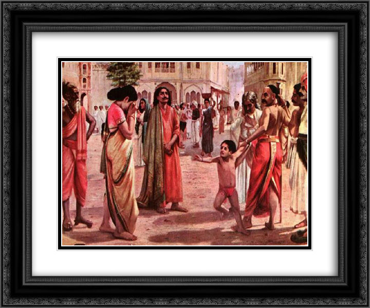 Harischandra in Distress, having lost his kingdom and all the wealth parting with his only son in an auction 24x20 Black Ornate Wood Framed Art Print Poster with Double Matting by Ravi Varma, Raja