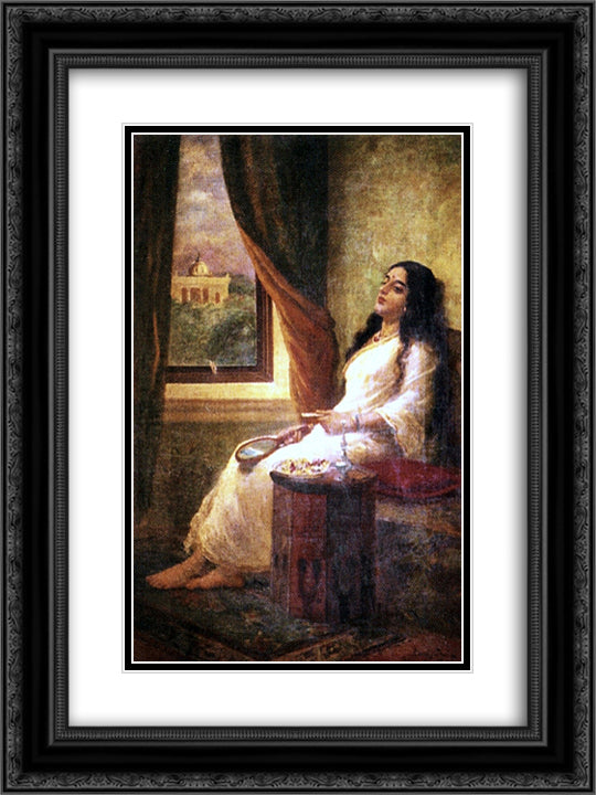 In Contemplation 18x24 Black Ornate Wood Framed Art Print Poster with Double Matting by Ravi Varma, Raja