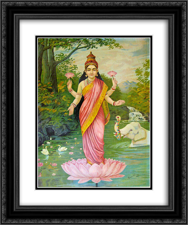 Lakshmi, the goddess of wealth 20x24 Black Ornate Wood Framed Art Print Poster with Double Matting by Ravi Varma, Raja