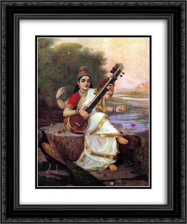 Painting of the Goddess Saraswati 20x24 Black Ornate Wood Framed Art Print Poster with Double Matting by Ravi Varma, Raja
