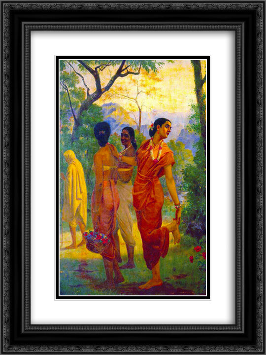 Shakuntala looking back to glimpse Dushyanta 18x24 Black Ornate Wood Framed Art Print Poster with Double Matting by Ravi Varma, Raja
