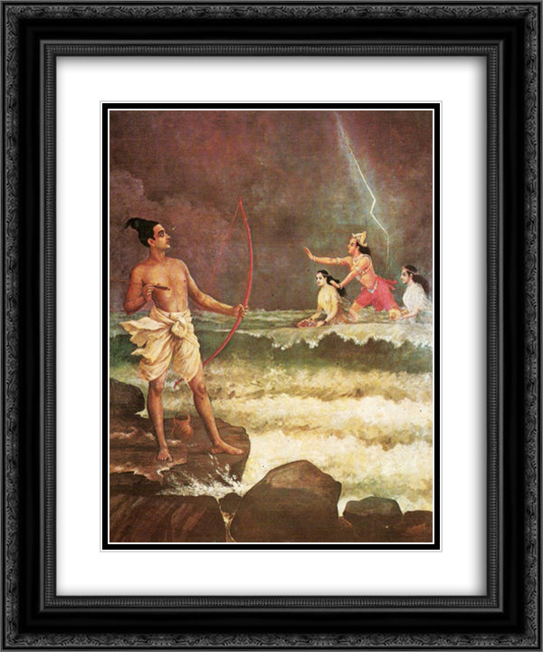 Sri Rama Vanquishing the Sea 20x24 Black Ornate Wood Framed Art Print Poster with Double Matting by Ravi Varma, Raja