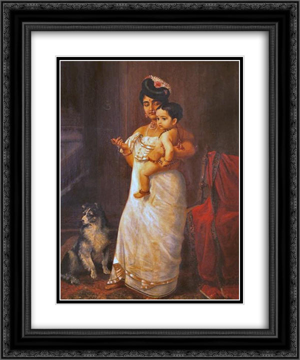 There Comes Papa 20x24 Black Ornate Wood Framed Art Print Poster with Double Matting by Ravi Varma, Raja