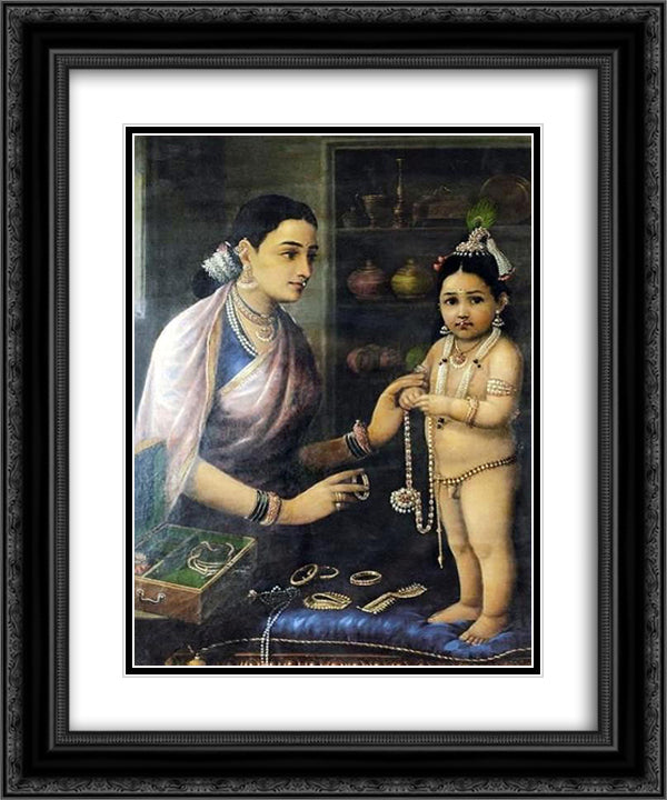 Yasoda Adorning Krishna 20x24 Black Ornate Wood Framed Art Print Poster with Double Matting by Ravi Varma, Raja