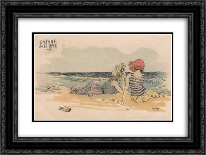 Boys and girls at sea 24x18 Black Ornate Wood Framed Art Print Poster with Double Matting by Kirchner, Raphael