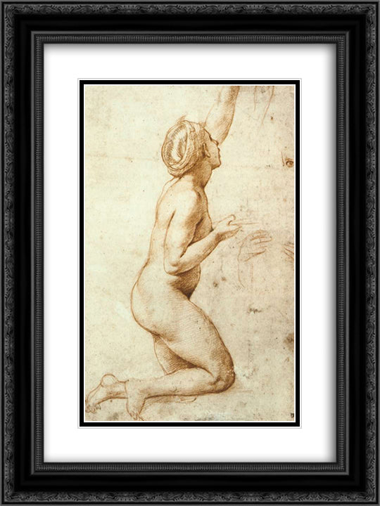 Kneeling Nude Woman 18x24 Black Ornate Wood Framed Art Print Poster with Double Matting by Raphael