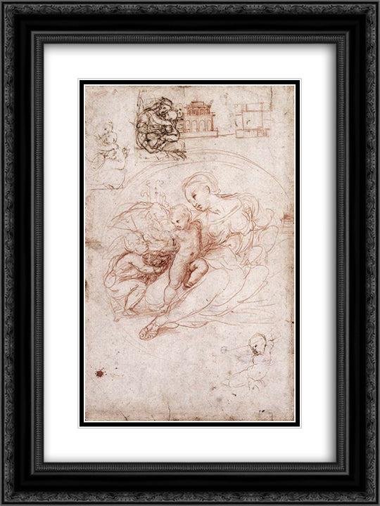 Madonna Studies 18x24 Black Ornate Wood Framed Art Print Poster with Double Matting by Raphael