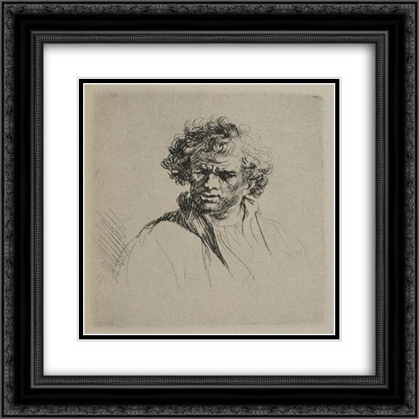 A Man with Curly Hair 20x20 Black Ornate Wood Framed Art Print Poster with Double Matting by Rembrandt