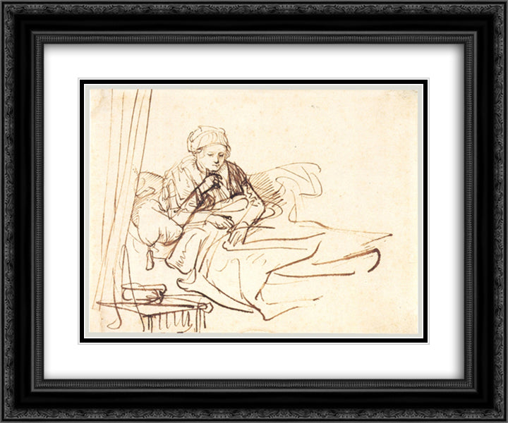 A Woman Sitting up in Bed 24x20 Black Ornate Wood Framed Art Print Poster with Double Matting by Rembrandt