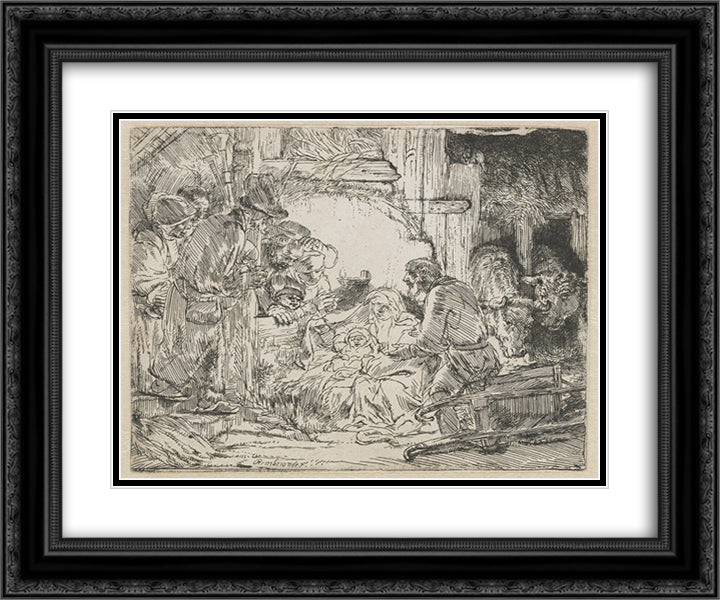 Nativity 24x20 Black Ornate Wood Framed Art Print Poster with Double Matting by Rembrandt