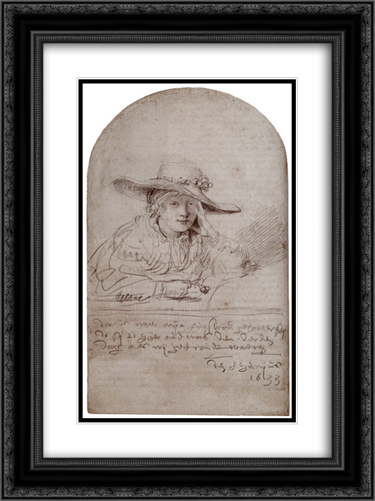 Saskia In A Straw Hat 18x24 Black Ornate Wood Framed Art Print Poster with Double Matting by Rembrandt