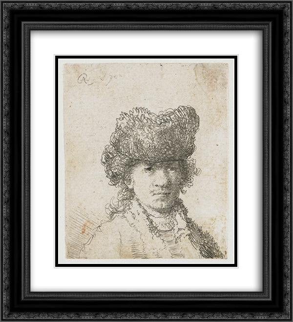 Self-portrait in a fur cap bust 20x22 Black Ornate Wood Framed Art Print Poster with Double Matting by Rembrandt
