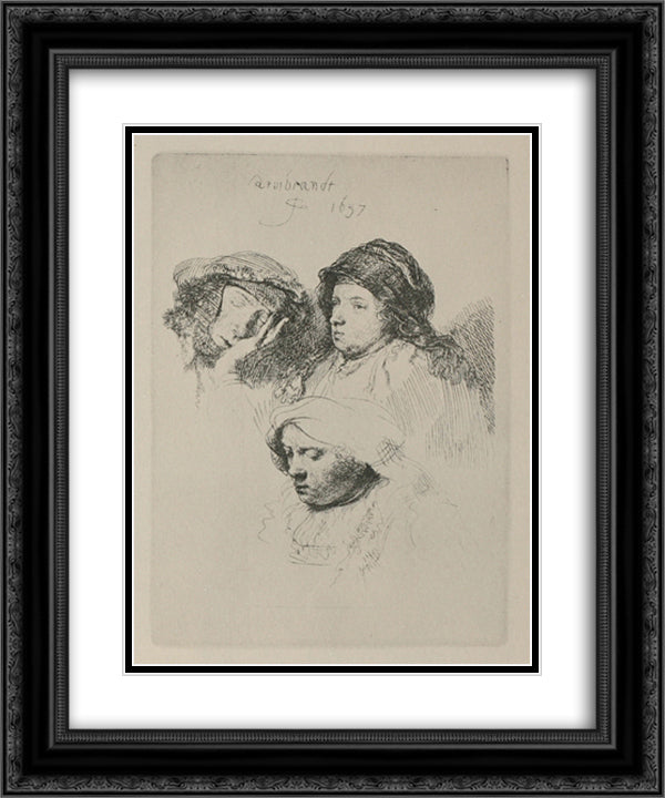 Three female heads with one sleeping 20x24 Black Ornate Wood Framed Art Print Poster with Double Matting by Rembrandt