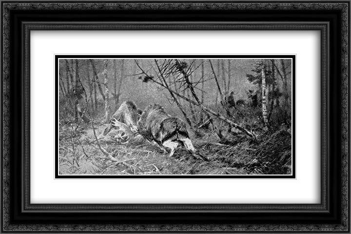 Auf Leben und Tod (Edelhirsche in der Brunft) 24x16 Black Ornate Wood Framed Art Print Poster with Double Matting by Friese, Richard