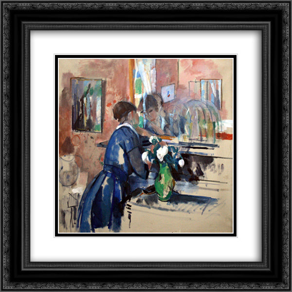 Lady in Blue in front of a Mirror 20x20 Black Ornate Wood Framed Art Print Poster with Double Matting by Wouters, Rik