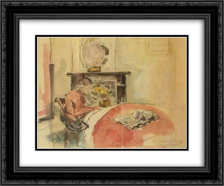 Reading girl 24x20 Black Ornate Wood Framed Art Print Poster with Double Matting by Wouters, Rik