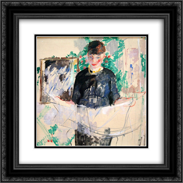 Woman in Black Reading a Newspaper 20x20 Black Ornate Wood Framed Art Print Poster with Double Matting by Wouters, Rik