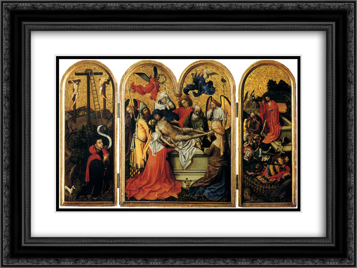 Triptych The Two Thieves with the Empty Cross, The Entombment, The Resurrection 24x18 Black Ornate Wood Framed Art Print Poster with Double Matting by Campin, Robert