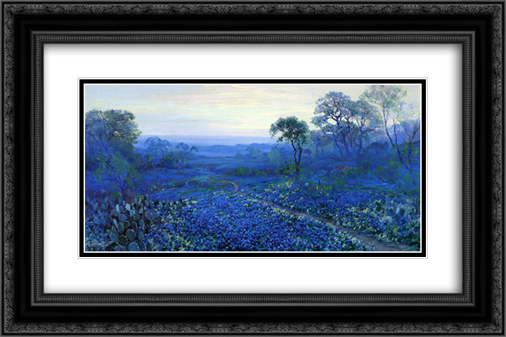Bluebonnet Landscape with Catci, Road and Mountain Laurel 24x16 Black Ornate Wood Framed Art Print Poster with Double Matting by Onderdonk, Robert Julian