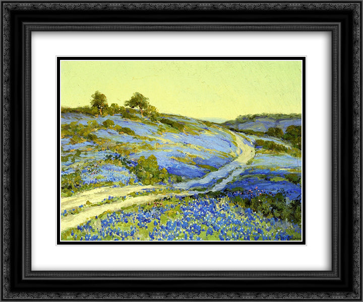 Bluebonnets, Late Afternoon 24x20 Black Ornate Wood Framed Art Print Poster with Double Matting by Onderdonk, Robert Julian