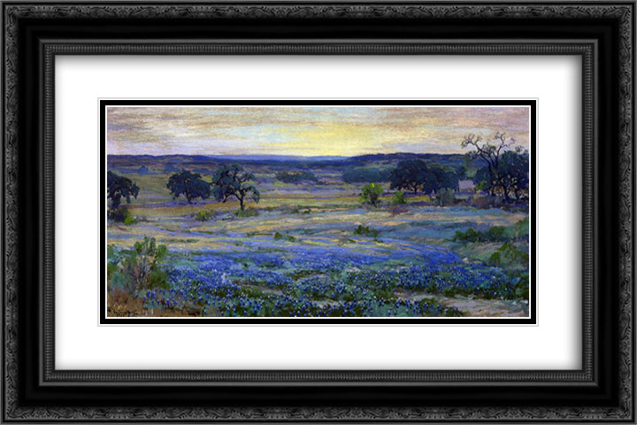 Bluebonnets at Dusk 24x16 Black Ornate Wood Framed Art Print Poster with Double Matting by Onderdonk, Robert Julian
