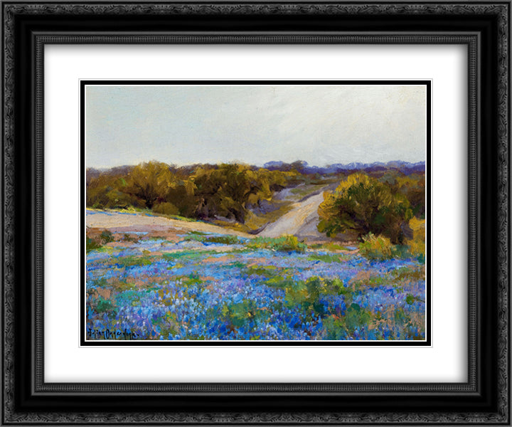 Bluebonnets at Late Afternoon 24x20 Black Ornate Wood Framed Art Print Poster with Double Matting by Onderdonk, Robert Julian