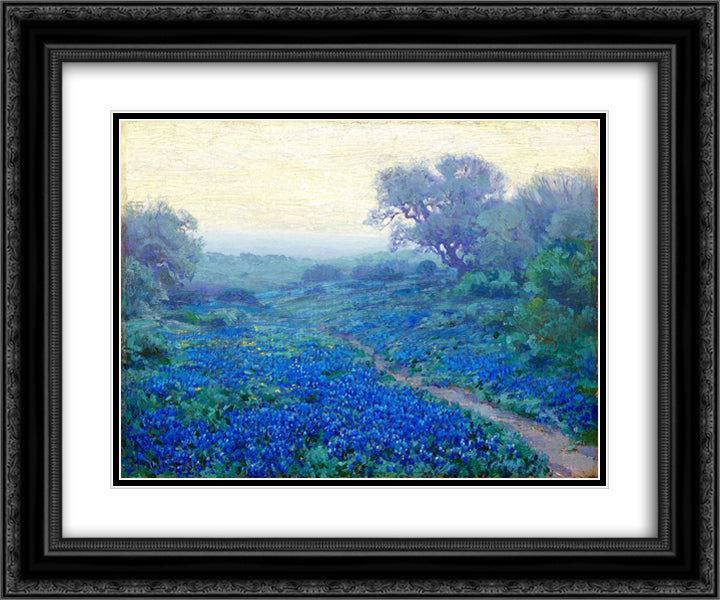 Bluebonnets at Sunrise 24x20 Black Ornate Wood Framed Art Print Poster with Double Matting by Onderdonk, Robert Julian