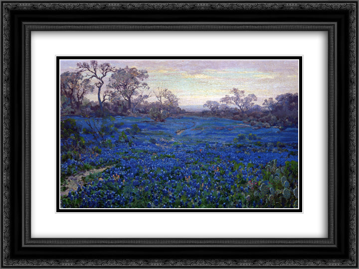 Bluebonnets at Twilight, near San Antonio 24x18 Black Ornate Wood Framed Art Print Poster with Double Matting by Onderdonk, Robert Julian