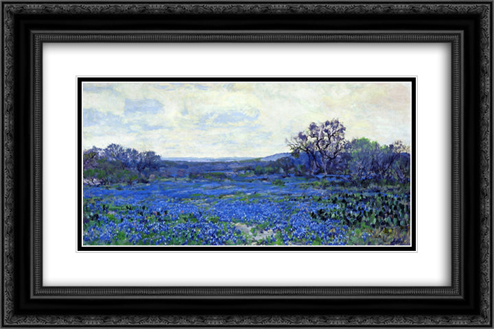 Field of Bluebonnets 24x16 Black Ornate Wood Framed Art Print Poster with Double Matting by Onderdonk, Robert Julian