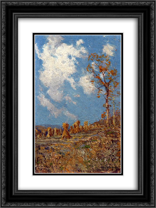 Field with Corn Shocks 18x24 Black Ornate Wood Framed Art Print Poster with Double Matting by Onderdonk, Robert Julian