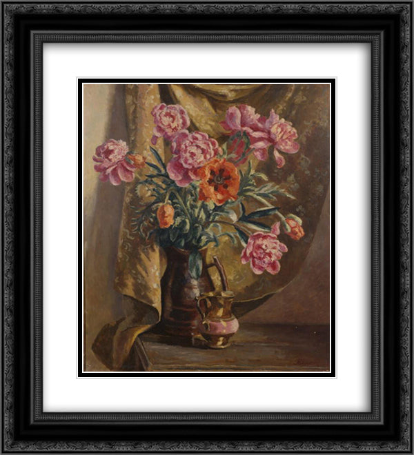 Peonies and Poppies 20x22 Black Ornate Wood Framed Art Print Poster with Double Matting by Fry, Roger