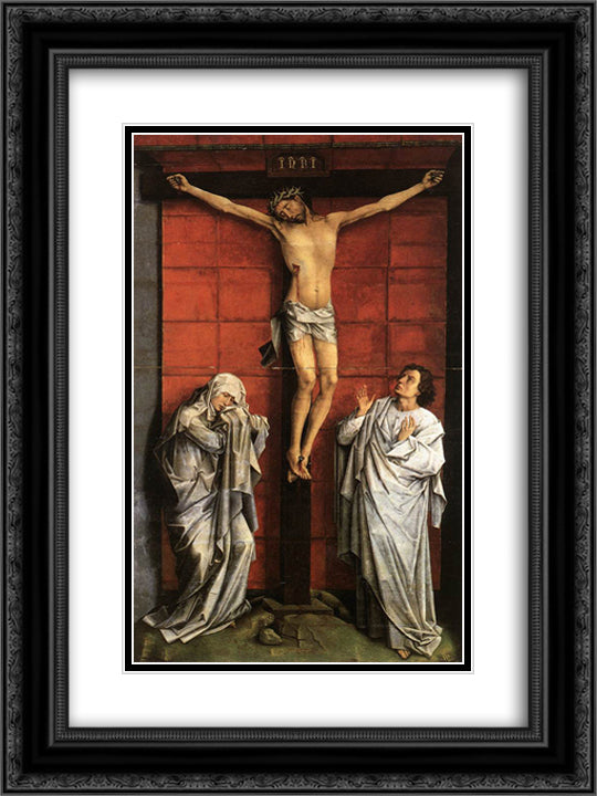 Christ on the Cross with Mary and St. John 18x24 Black Ornate Wood Framed Art Print Poster with Double Matting by van der Weyden, Rogier