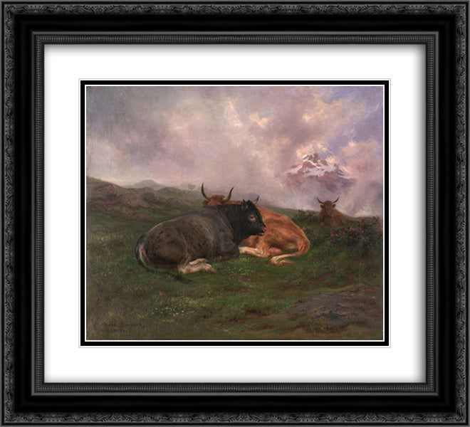 Cattle at Rest on a Hillside in the Alps 1885 22x20 Black Ornate Wood Framed Art Print Poster with Double Matting by Bonheur, Rosa