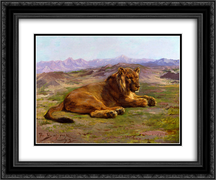 Couching Lion 24x20 Black Ornate Wood Framed Art Print Poster with Double Matting by Bonheur, Rosa