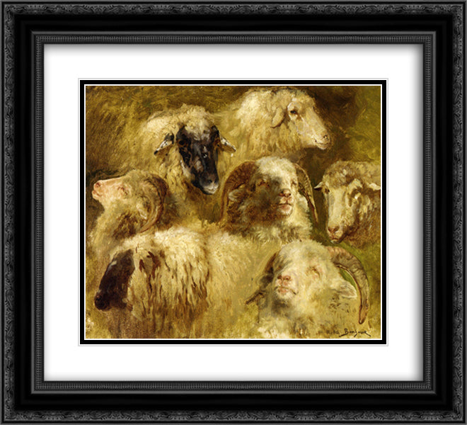 Heads of Ewes and Rams 22x20 Black Ornate Wood Framed Art Print Poster with Double Matting by Bonheur, Rosa