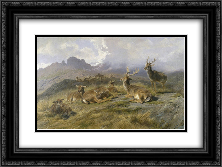 Landscape with Deer 24x18 Black Ornate Wood Framed Art Print Poster with Double Matting by Bonheur, Rosa