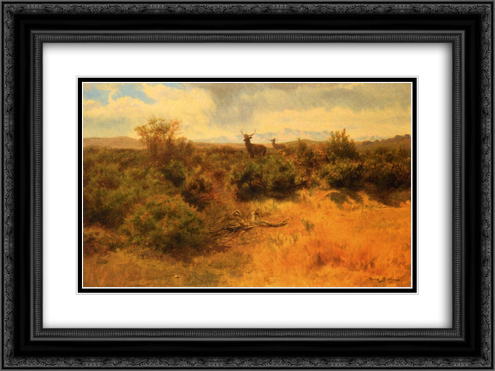 Stag and Doe in a Landscape 24x18 Black Ornate Wood Framed Art Print Poster with Double Matting by Bonheur, Rosa