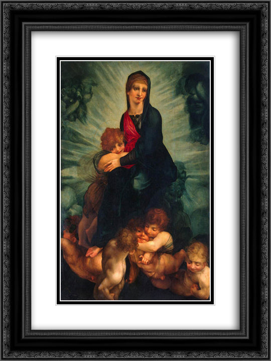 Madonna and Child with Putti 18x24 Black Ornate Wood Framed Art Print Poster with Double Matting by Fiorentino, Rosso