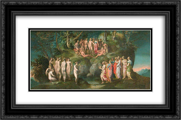 The Challenge of the Pierides 24x16 Black Ornate Wood Framed Art Print Poster with Double Matting by Fiorentino, Rosso