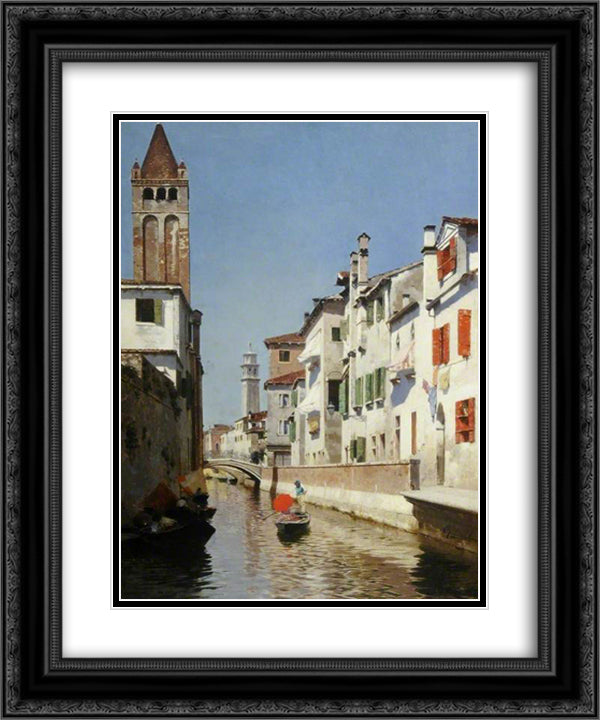 A Canal Scene, Venice 20x24 Black Ornate Wood Framed Art Print Poster with Double Matting by Santoro, Rubens