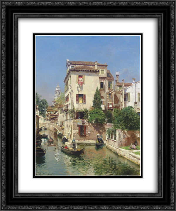 Gondoliers on a Venetian Canal 20x24 Black Ornate Wood Framed Art Print Poster with Double Matting by Santoro, Rubens