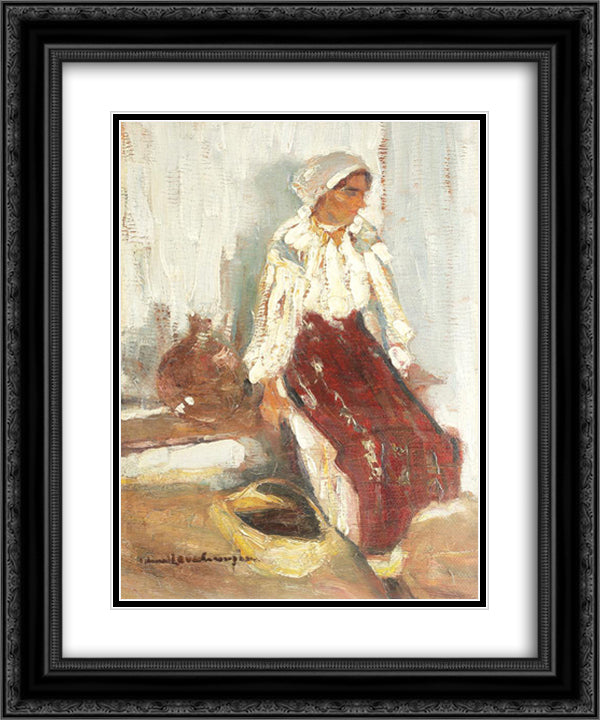 Peasant Woman on Bench 20x24 Black Ornate Wood Framed Art Print Poster with Double Matting by Schweitzer Cumpana, Rudolf