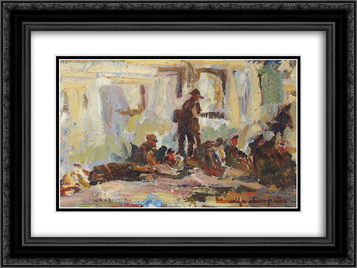 Soldiers in Sinaia Station 24x18 Black Ornate Wood Framed Art Print Poster with Double Matting by Schweitzer Cumpana, Rudolf