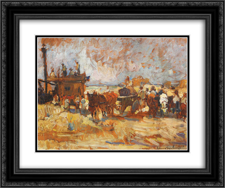 Wheat Dispensation (Malaxa's Threshing Machine) 24x20 Black Ornate Wood Framed Art Print Poster with Double Matting by Schweitzer Cumpana, Rudolf