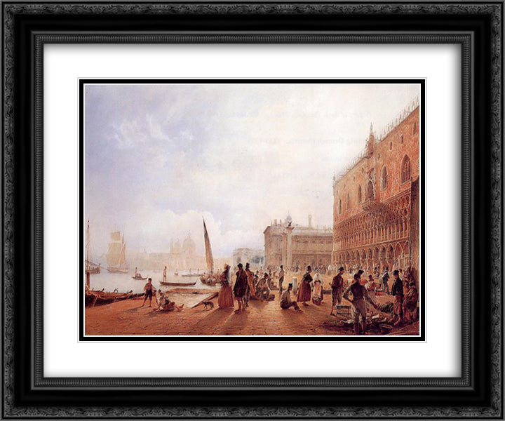 Figures on the Riva degli Schiavone 24x20 Black Ornate Wood Framed Art Print Poster with Double Matting by Alt, Rudolf von
