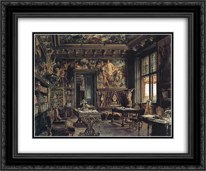 The library in the Palais Dumba 24x20 Black Ornate Wood Framed Art Print Poster with Double Matting by Alt, Rudolf von