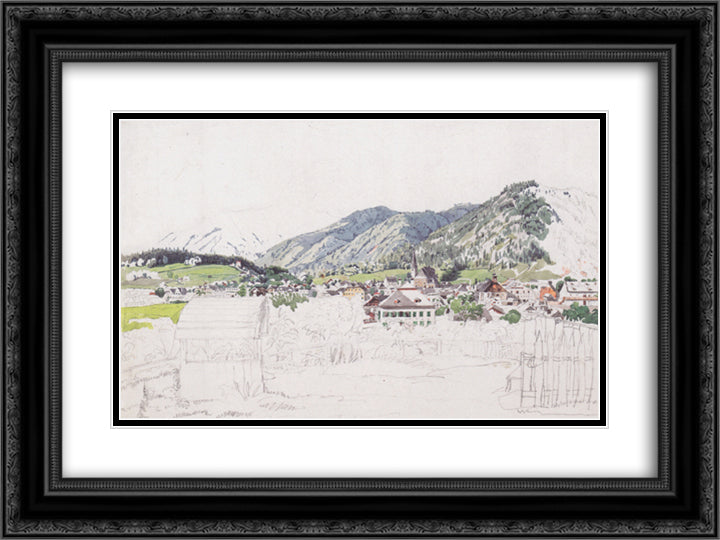 View of Ischl 24x18 Black Ornate Wood Framed Art Print Poster with Double Matting by Alt, Rudolf von