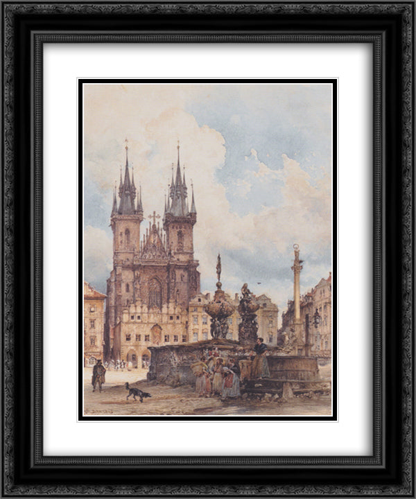 View of the Old Town Square with the Church in Prague They 20x24 Black Ornate Wood Framed Art Print Poster with Double Matting by Alt, Rudolf von