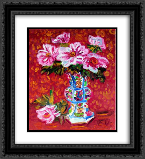 Peonies in a Chinese vase 20x22 Black Ornate Wood Framed Art Print Poster with Double Matting by Umehara, Ryuzaburo