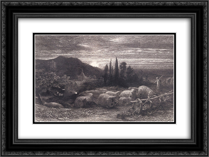 The Rising Moon or An English Pastoral or Evening Pastures 24x18 Black Ornate Wood Framed Art Print Poster with Double Matting by Palmer, Samuel